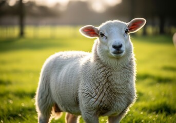 Fototapeta premium A fluffy white lamb stands in a sunlit green pasture, looking directly at the viewer with a gentle expression.