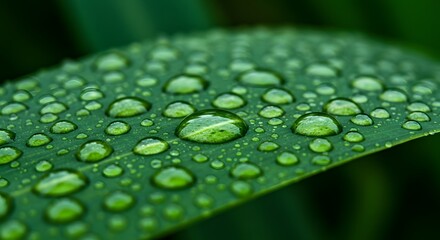 Dew-Kissed Leaf: Macro Shot of Water Droplets on Vibrant Green Foliage