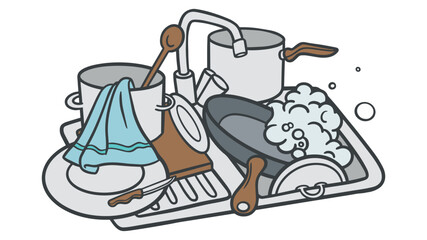 Überfülltes Waschbecken im Büro als Vektorillustration – Geschirrspülen und Sauberkeit am Arbeitsplatz
