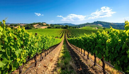 Obraz premium Expansive Lush Green Vineyard Rows Under Bright Blue Sunny Sky With Rolling Hills In The Background On A Clear Day