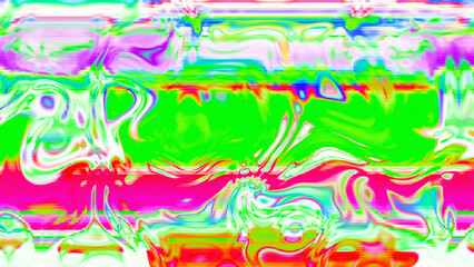 Abstract psychedelic glitch waves with neon colors, distorted digital fluid texture and VHS scanline effect