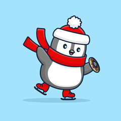 Cute Penguin Ice Skating with Chocolate Donut Vector Illustration