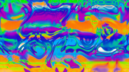 Abstract psychedelic glitch waves with neon colors, distorted digital fluid texture and VHS scanline effect