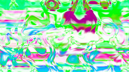 Abstract psychedelic glitch waves with neon colors, distorted digital fluid texture and VHS scanline effect