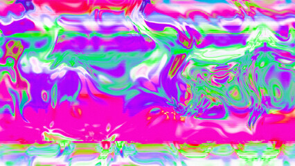 Abstract psychedelic glitch waves with neon colors, distorted digital fluid texture and VHS scanline effect