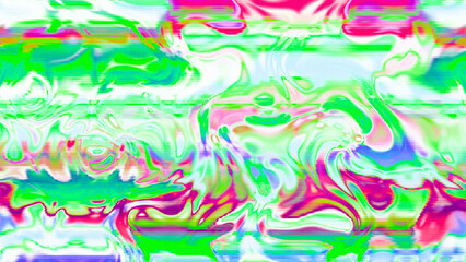 Abstract psychedelic glitch waves with neon colors, distorted digital fluid texture and VHS scanline effect