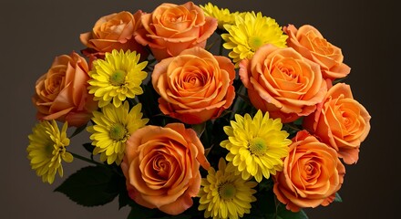 Vibrant bouquet of orange roses and yellow chrysanthemums on dark background
