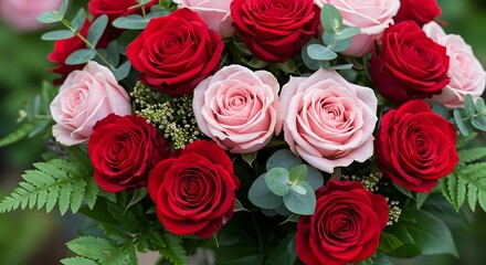 Obraz premium Vibrant bouquet of red and pink roses with green foliage close up