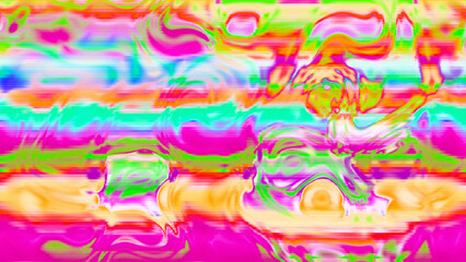 Abstract psychedelic glitch waves with neon colors, distorted digital fluid texture and VHS scanline effect