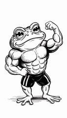 A black and white ink illustration of a muscular toad
wearing black shorts with white stripes
