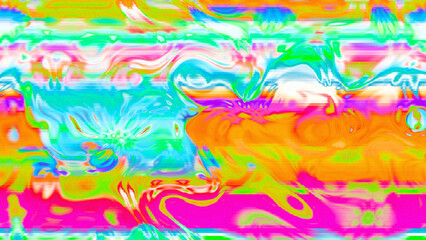 Abstract psychedelic glitch waves with neon colors, distorted digital fluid texture and VHS scanline effect