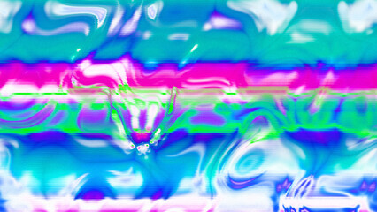 Abstract psychedelic glitch waves with neon colors, distorted digital fluid texture and VHS scanline effect
