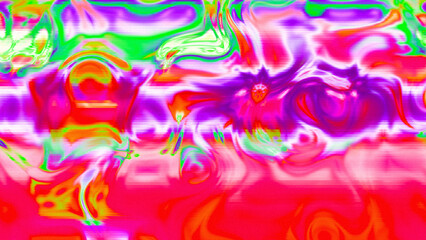 Abstract psychedelic glitch waves with neon colors, distorted digital fluid texture and VHS scanline effect