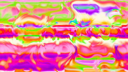 Abstract psychedelic glitch waves with neon colors, distorted digital fluid texture and VHS scanline effect