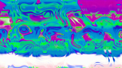 Abstract psychedelic glitch waves with neon colors, distorted digital fluid texture and VHS scanline effect