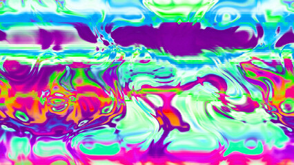 Abstract psychedelic glitch waves with neon colors, distorted digital fluid texture and VHS scanline effect