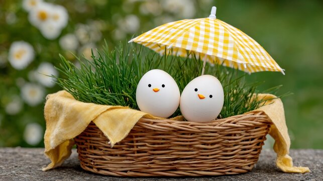 Easter eggs with chick faces sitting in basket - Powered by Adobe