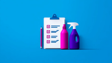 Household checklist with cleaning supplies, spray bottle, detergent, clipboard, and pencil on blue background, representing organization and cleanliness in home tasks