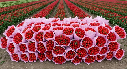 Vibrant bouquets of red tulips wrapped in paper ready for sale