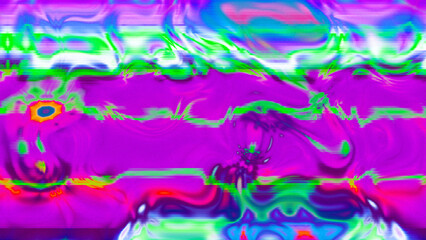 Abstract psychedelic glitch waves with neon colors, distorted digital fluid texture and VHS scanline effect
