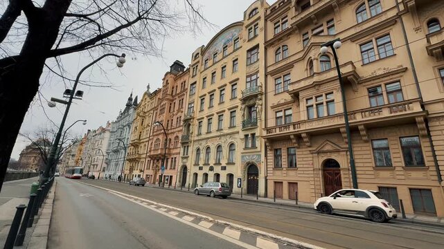 Detailed views of stunning historical architecture in Prague, Czech Republic, showcasing ornate Renaissance detailing, metalwork, and intricate Art Nouveau facades with mosaics and sculptures.