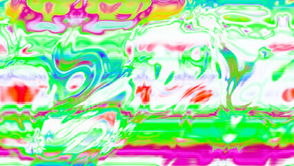 Abstract psychedelic glitch waves with neon colors, distorted digital fluid texture and VHS scanline effect
