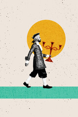 Banner image zine art pop trend collage of serious duke man walk candlestick illumination medieval...