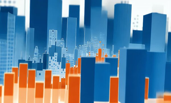 Abstract representation of financial market data with rising orange and blue candlestick charts and scattered dots symbolizing trading activity and economic growth