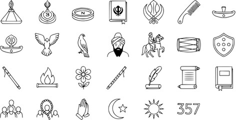 Sikhism Icons Set. Collection of Line Art Symbols Representing Sikh Culture, Faith, Gurus, and Practices. Religious Vector Graphics.