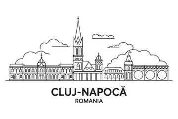 Cluj-Napoca Line Art skyline horizontal banner. Cluj-Napoca, Romania. Vector template for your design. with white background