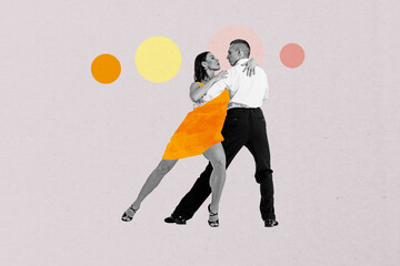 Zine creative full photo collage of happy girl guy couple dance weekend party celebration event...