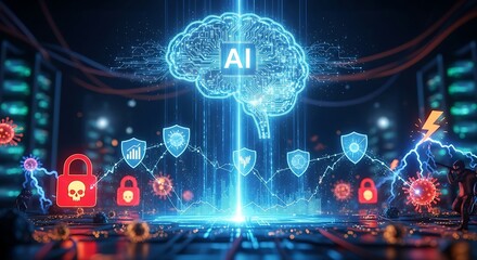 Futuristic ai brain projection connecting people with advanced digital technology and data streams
