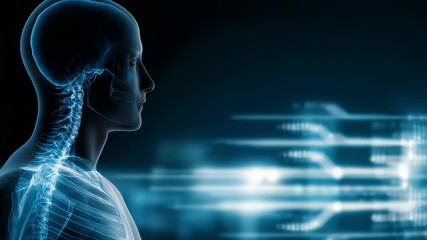 Futuristic digital illustration of a human body with visible skeleton and transparent skin, facing a virtual interface. Modern technology and healthcare innovation concept - Powered by Adobe
