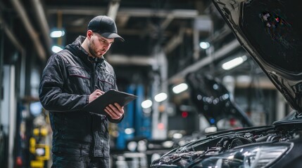 Male mechanic analyzes data on diagnostic tablet in automotive workshop during busy afternoon hour