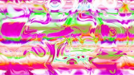 Abstract psychedelic glitch waves with neon colors, distorted digital fluid texture and VHS scanline effect