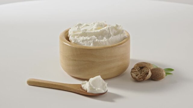 Wooden container filled with shea butter cream beside nuts, styled for cosmetic branding and natural skincare product ingredient.