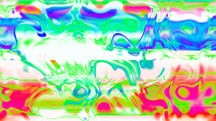 Abstract psychedelic glitch waves with neon colors, distorted digital fluid texture and VHS scanline effect