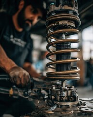 Close-up view of mechanic working on suspension system in garage during busy afternoon