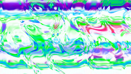 Abstract psychedelic glitch waves with neon colors, distorted digital fluid texture and VHS scanline effect