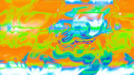 Abstract psychedelic glitch waves with neon colors, distorted digital fluid texture and VHS scanline effect
