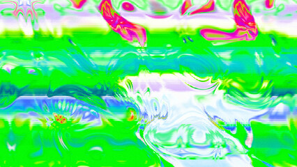 Abstract psychedelic glitch waves with neon colors, distorted digital fluid texture and VHS scanline effect