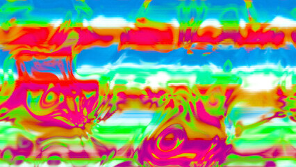 Abstract psychedelic glitch waves with neon colors, distorted digital fluid texture and VHS scanline effect