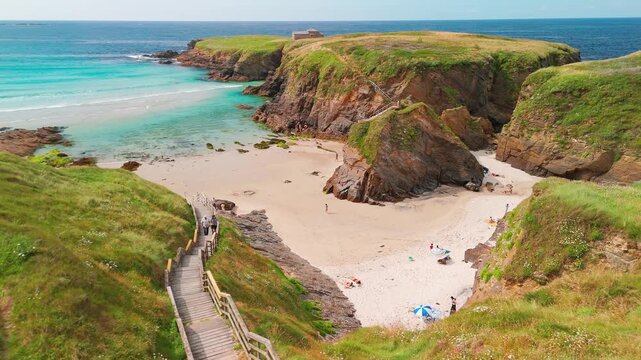 Aerial view of Playa de Santa Comba beach with turquoise sea in Galicia Spain