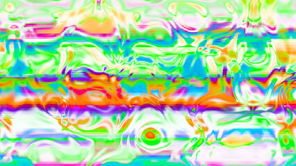 Abstract psychedelic glitch waves with neon colors, distorted digital fluid texture and VHS scanline effect