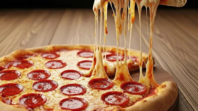 Mouthwatering Pepperoni Pizza with Melting Mozzarella Cheese on Rustic Wooden Surface and Pulling Slice Concept for Restaurant Advertisement and Food Promotion 199 Characters