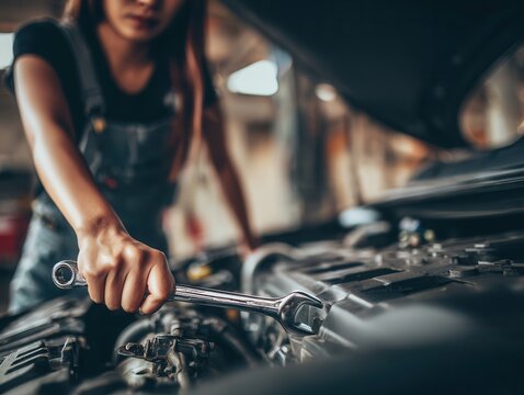 Close-up of skilled female mechanic working on car engine with wrench in hands at auto shop during daylight - Powered by Adobe