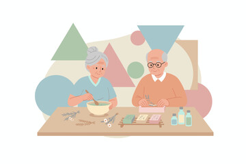 Seniors crafting natural soap enjoying a relaxing hobby and wellness activity together