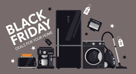 Black Friday home deals illustration Fridge washing machine vacuum toaster