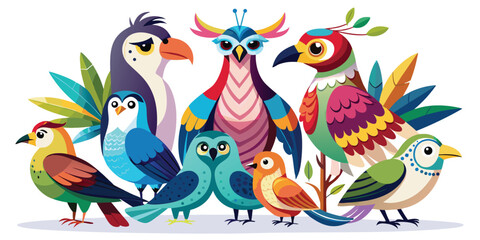 Obraz premium Vector art set of colorful and various cartoon birds featuring eagle, flamingo, owl, and others, perfect for any design needed