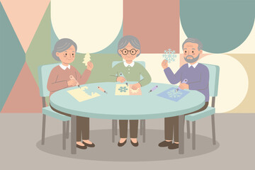 Elderly friends enjoy paper crafting holiday decorations promoting active senior lifestyle